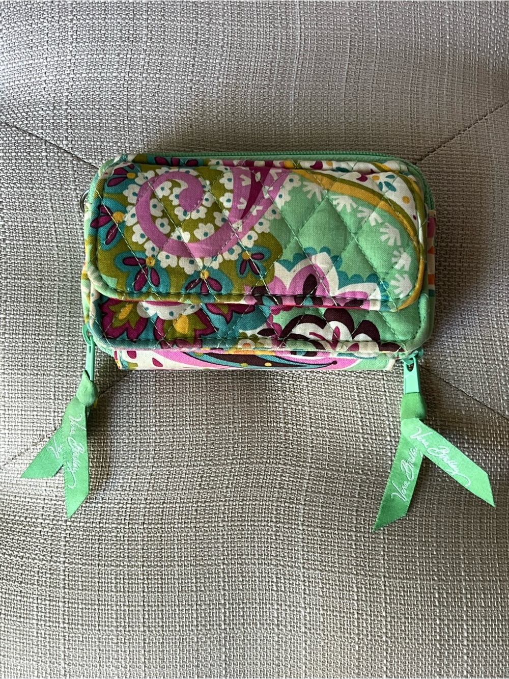Vera Bradley Quilted Floral Zip Wallet in Mint Green and Pink